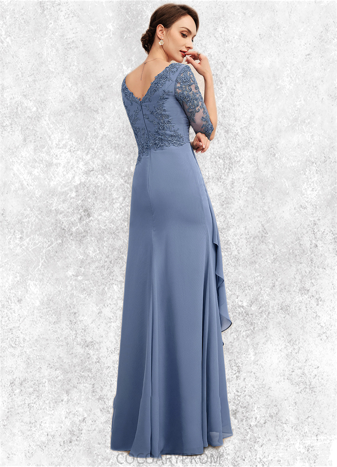 Esme A-Line V-neck Floor-Length Chiffon Lace Mother of the Bride Dress With Cascading Ruffles DA8126P0014609