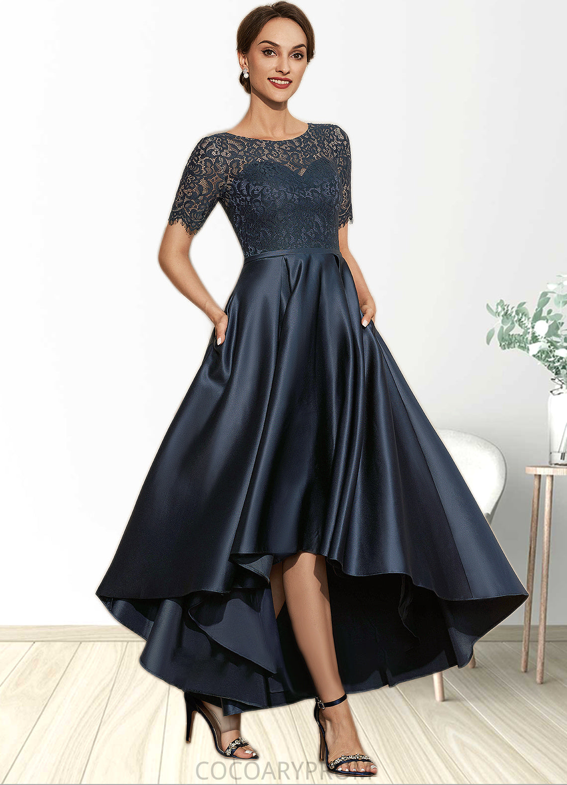 Jaelyn A-Line Scoop Neck Asymmetrical Satin Lace Mother of the Bride Dress With Pockets DA8126P0014613