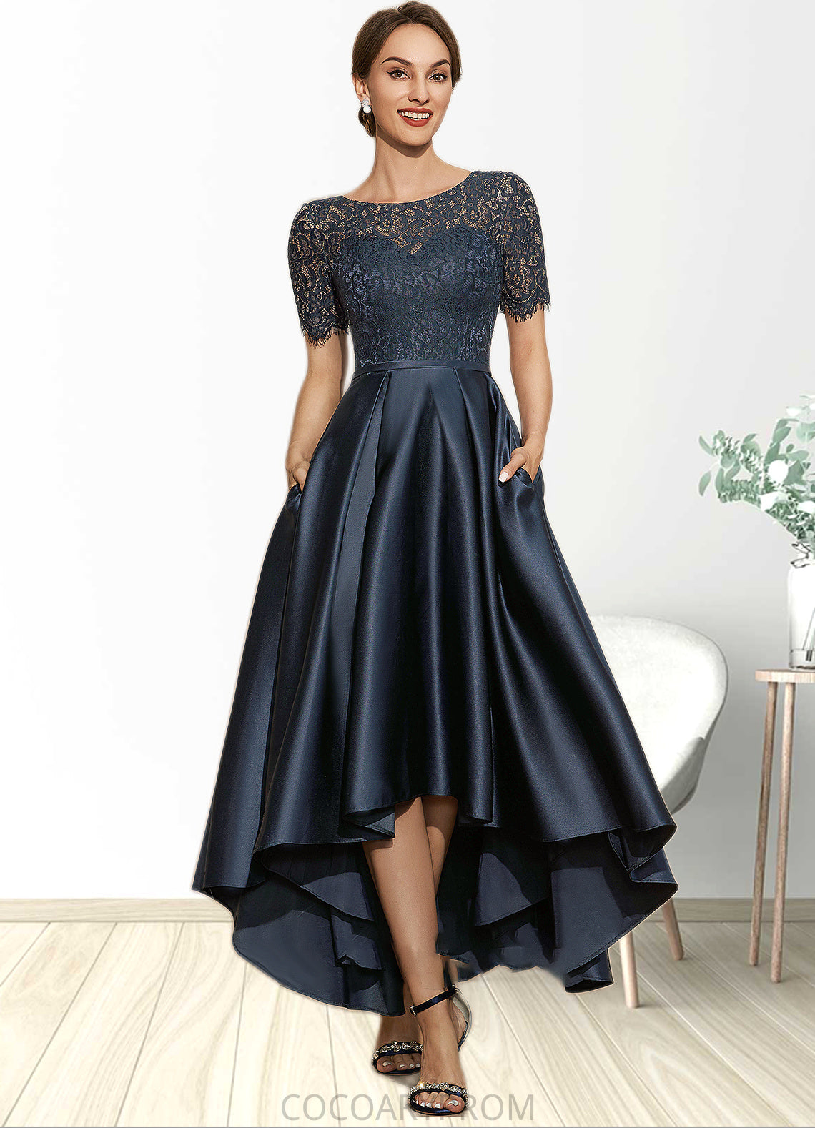 Jaelyn A-Line Scoop Neck Asymmetrical Satin Lace Mother of the Bride Dress With Pockets DA8126P0014613