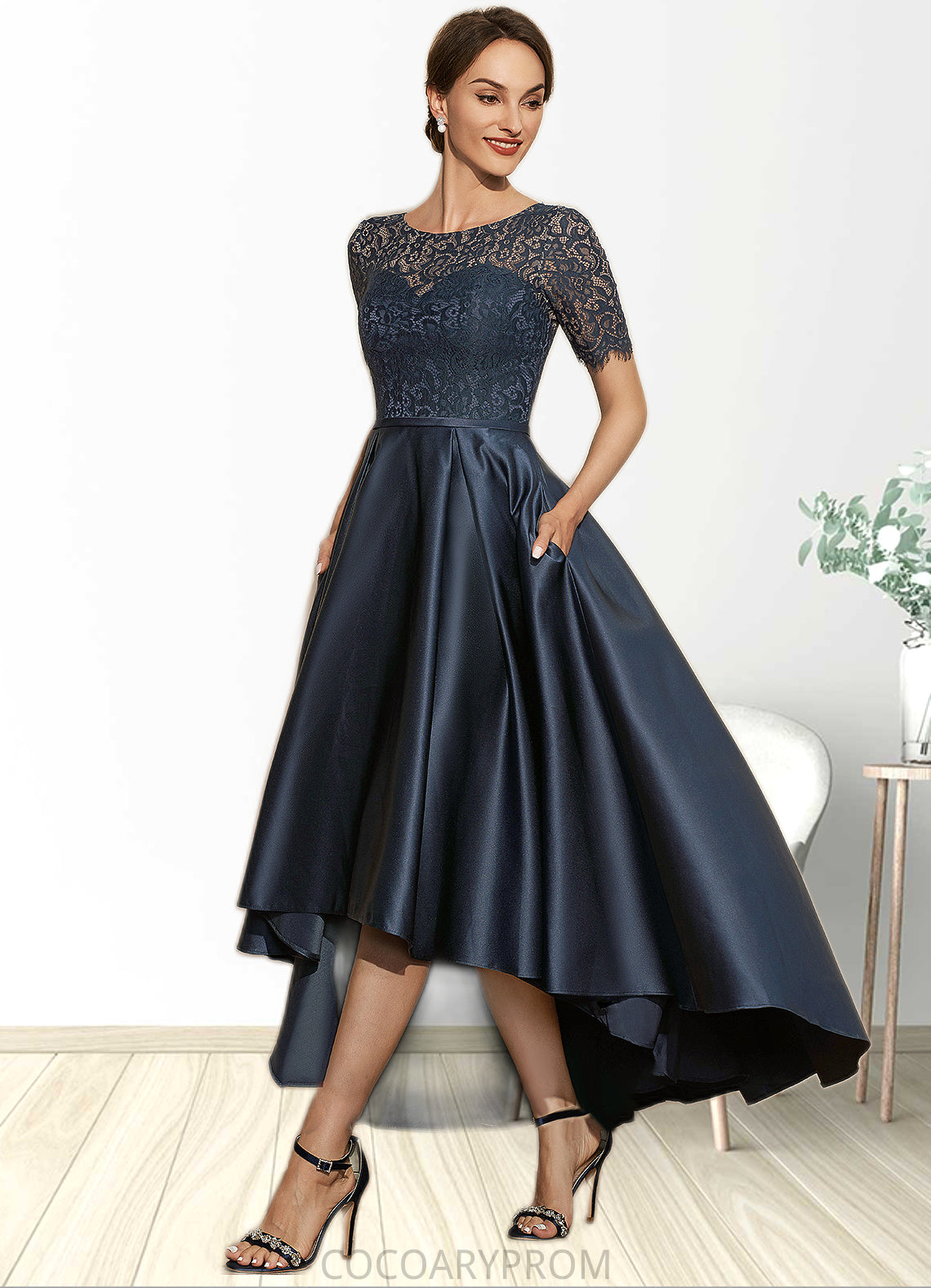 Jaelyn A-Line Scoop Neck Asymmetrical Satin Lace Mother of the Bride Dress With Pockets DA8126P0014613