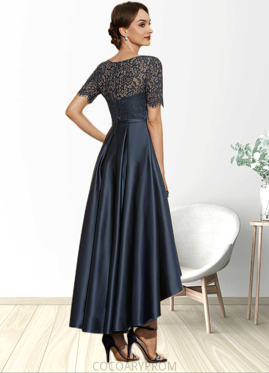 Jaelyn A-Line Scoop Neck Asymmetrical Satin Lace Mother of the Bride Dress With Pockets DA8126P0014613