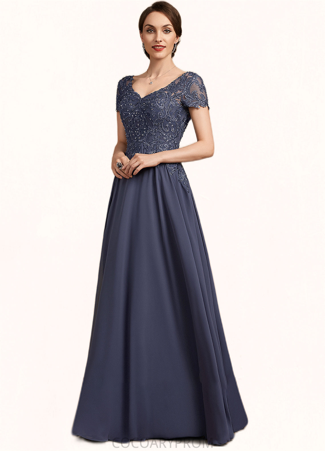 Angelina A-line V-Neck Floor-Length Chiffon Lace Mother of the Bride Dress With Beading Sequins DA8126P0014614