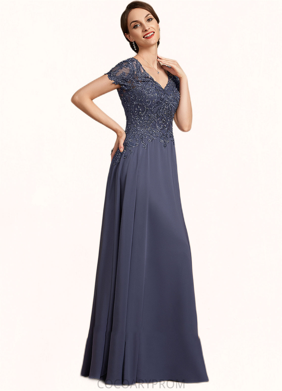 Angelina A-line V-Neck Floor-Length Chiffon Lace Mother of the Bride Dress With Beading Sequins DA8126P0014614