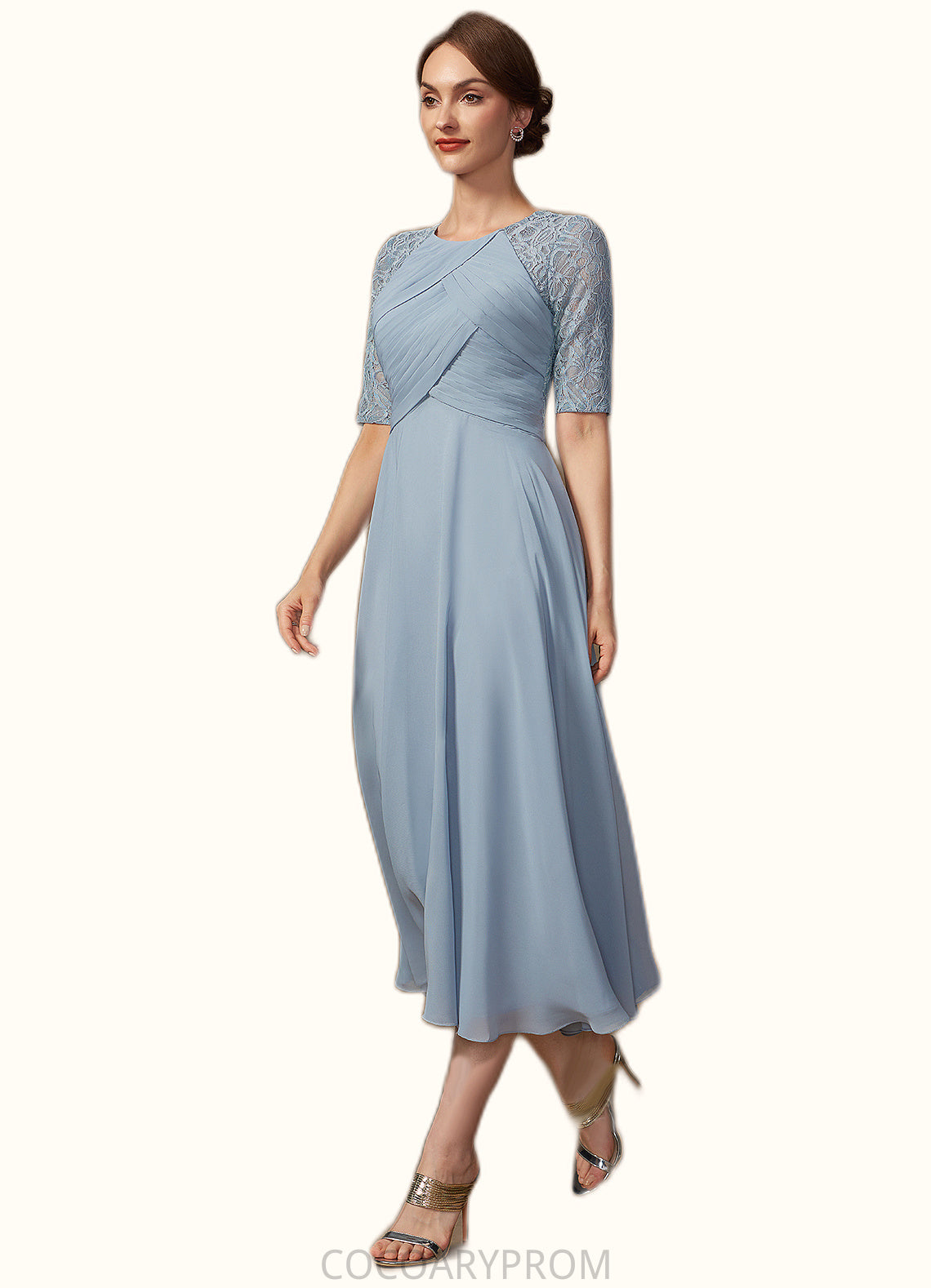 Precious A-Line Scoop Neck Tea-Length Chiffon Lace Mother of the Bride Dress With Ruffle DA8126P0014616