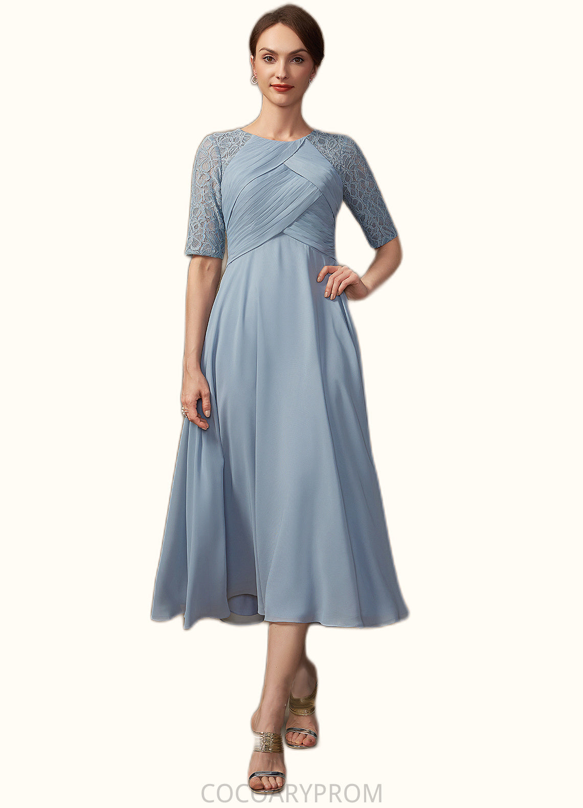 Precious A-Line Scoop Neck Tea-Length Chiffon Lace Mother of the Bride Dress With Ruffle DA8126P0014616