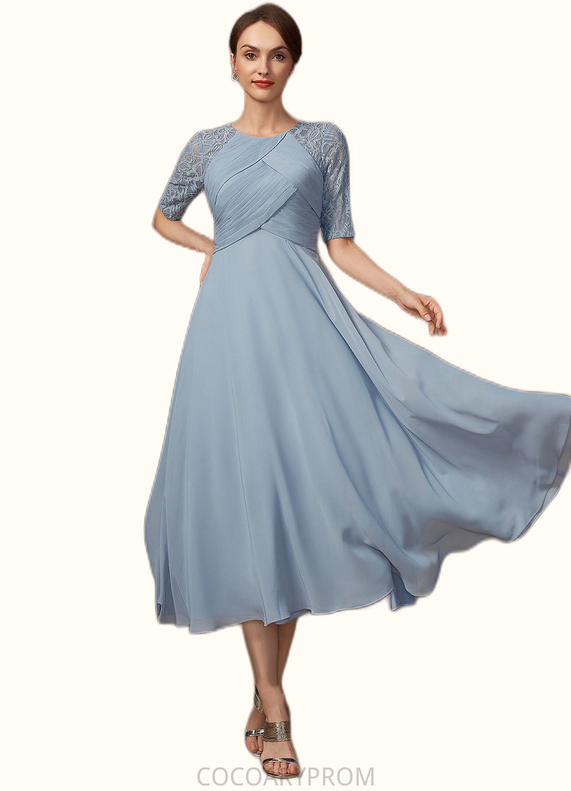 Precious A-Line Scoop Neck Tea-Length Chiffon Lace Mother of the Bride Dress With Ruffle DA8126P0014616