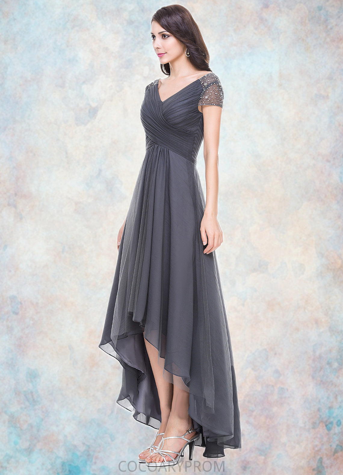 Lilianna A-Line V-neck Asymmetrical Tulle Mother of the Bride Dress With Ruffle Beading Sequins DA8126P0014620