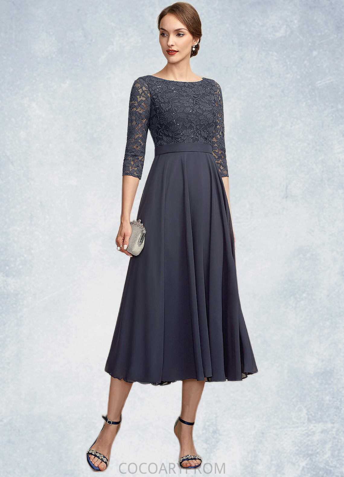 Krystal A-Line Scoop Neck Tea-Length Chiffon Lace Mother of the Bride Dress With Sequins DA8126P0014621