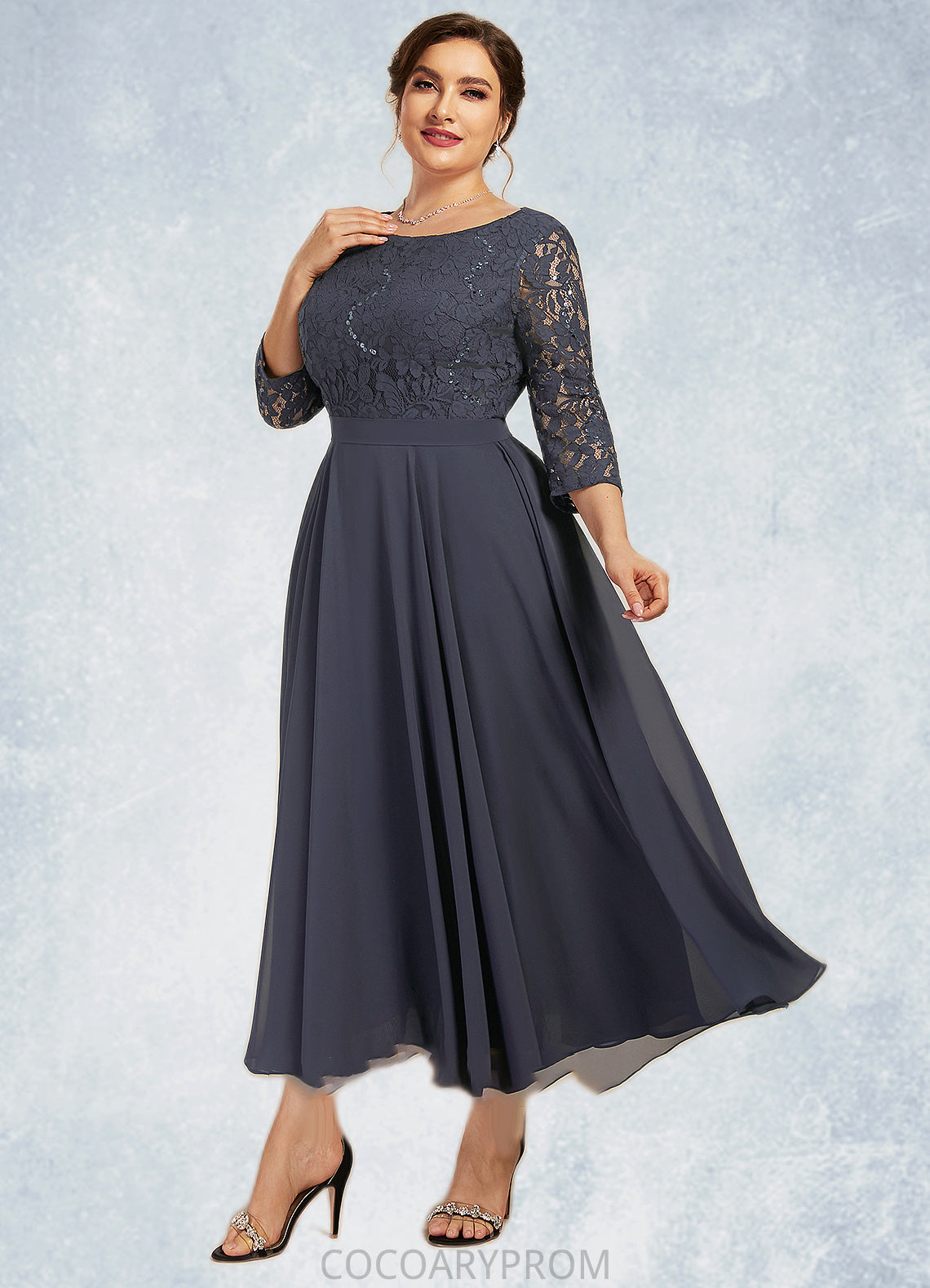 Krystal A-Line Scoop Neck Tea-Length Chiffon Lace Mother of the Bride Dress With Sequins DA8126P0014621