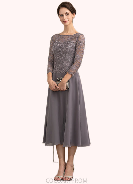 Elva A-Line Scoop Neck Tea-Length Chiffon Lace Mother of the Bride Dress With Sequins DA8126P0014622