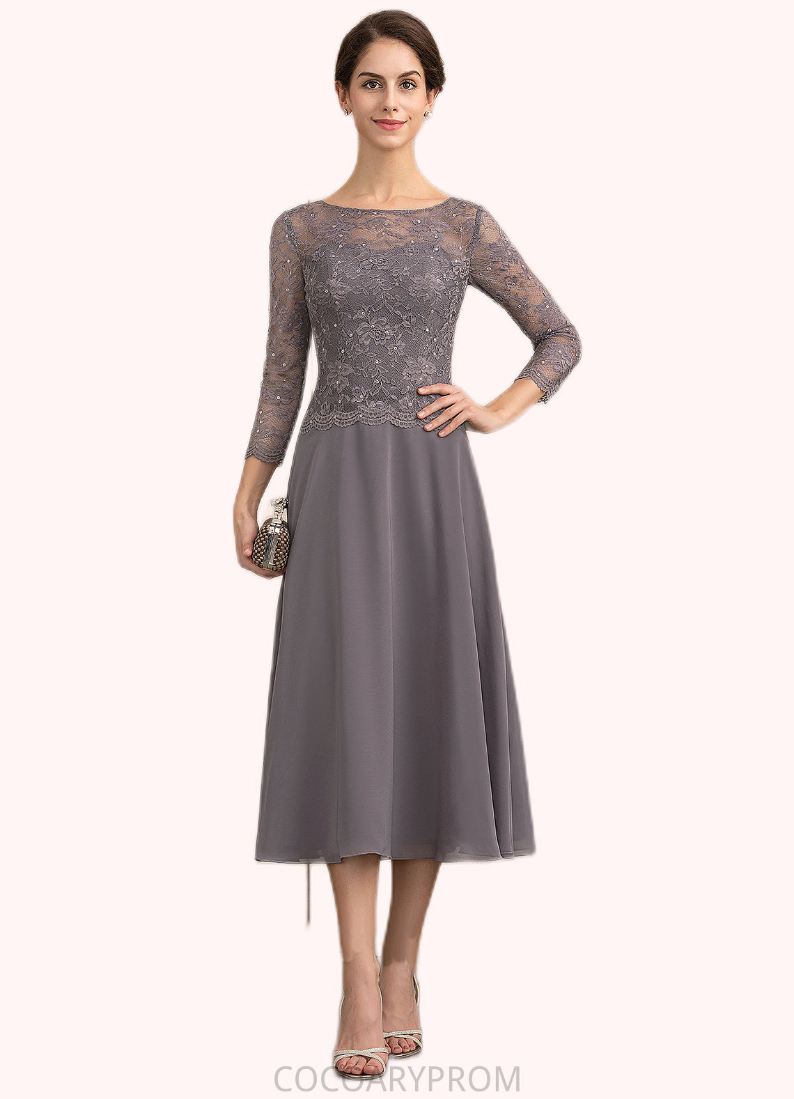 Elva A-Line Scoop Neck Tea-Length Chiffon Lace Mother of the Bride Dress With Sequins DA8126P0014622