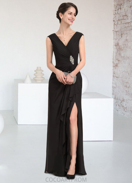 Sharon A-Line V-neck Floor-Length Chiffon Mother of the Bride Dress With Beading Split Front Cascading Ruffles DA8126P0014623