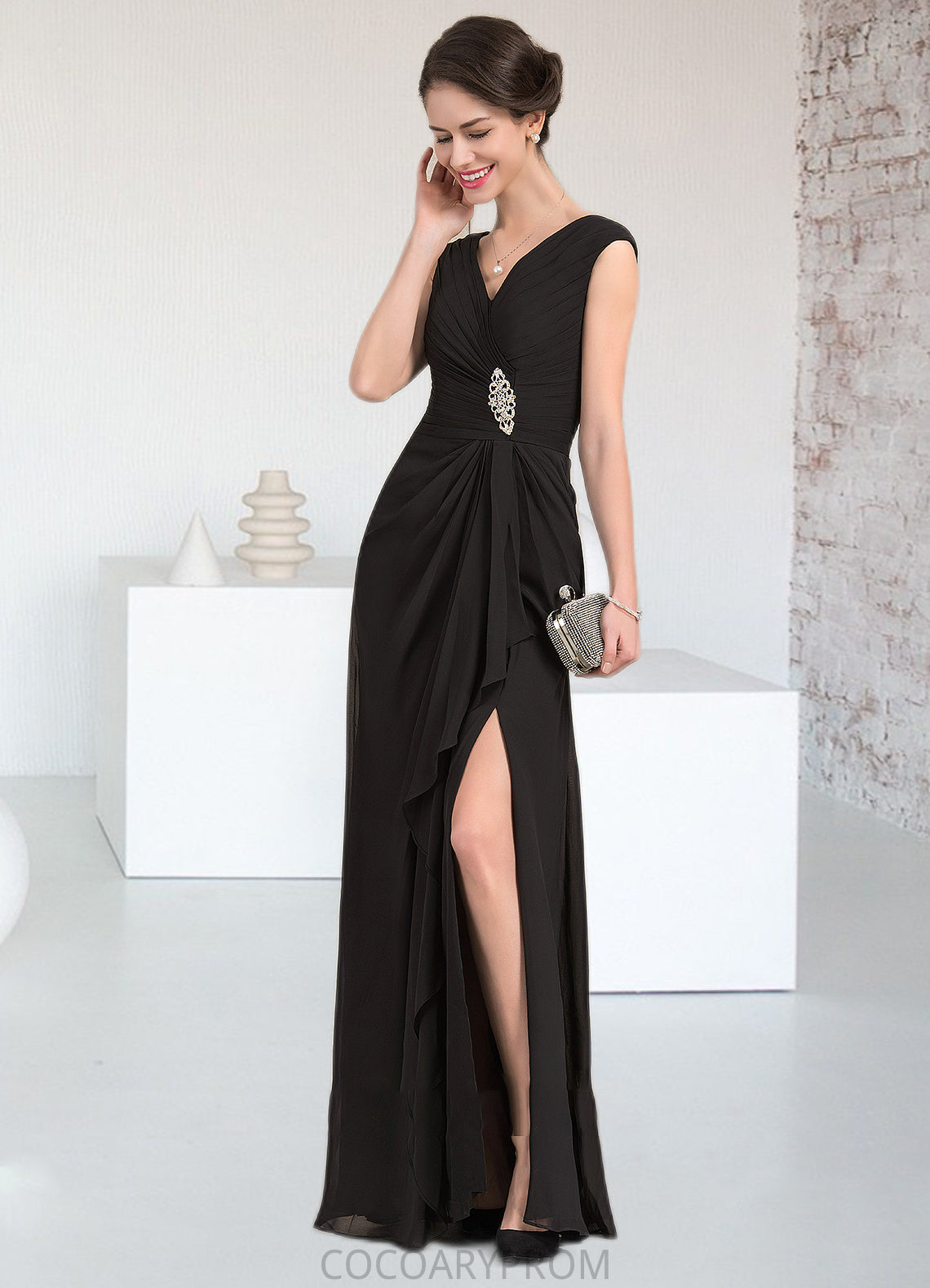 Sharon A-Line V-neck Floor-Length Chiffon Mother of the Bride Dress With Beading Split Front Cascading Ruffles DA8126P0014623