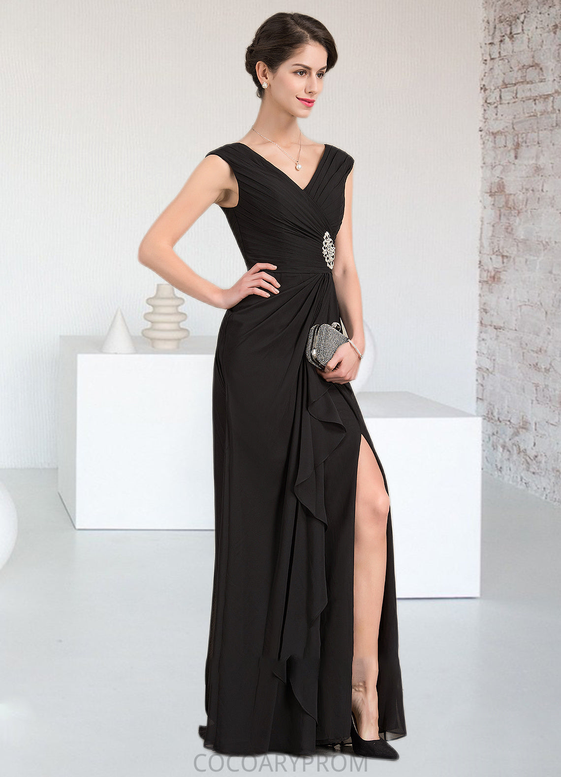 Sharon A-Line V-neck Floor-Length Chiffon Mother of the Bride Dress With Beading Split Front Cascading Ruffles DA8126P0014623