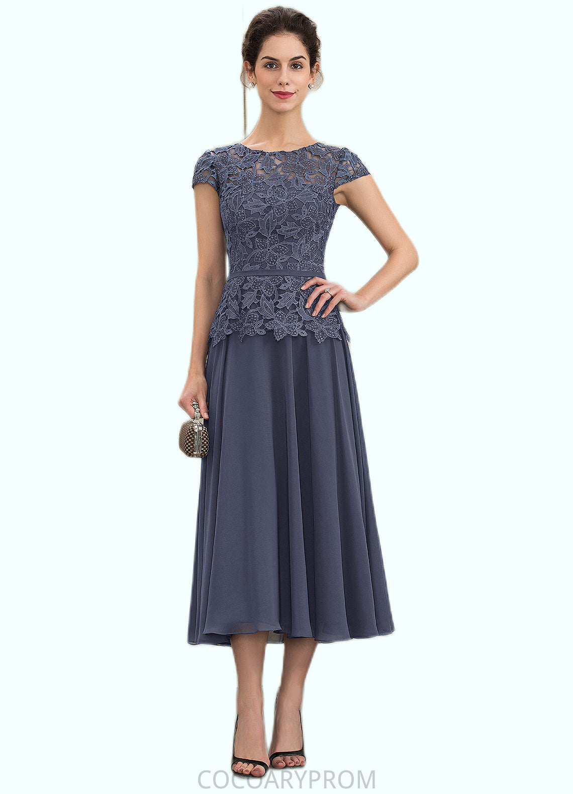 Yasmine A-Line Scoop Neck Tea-Length Chiffon Lace Mother of the Bride Dress DA8126P0014627