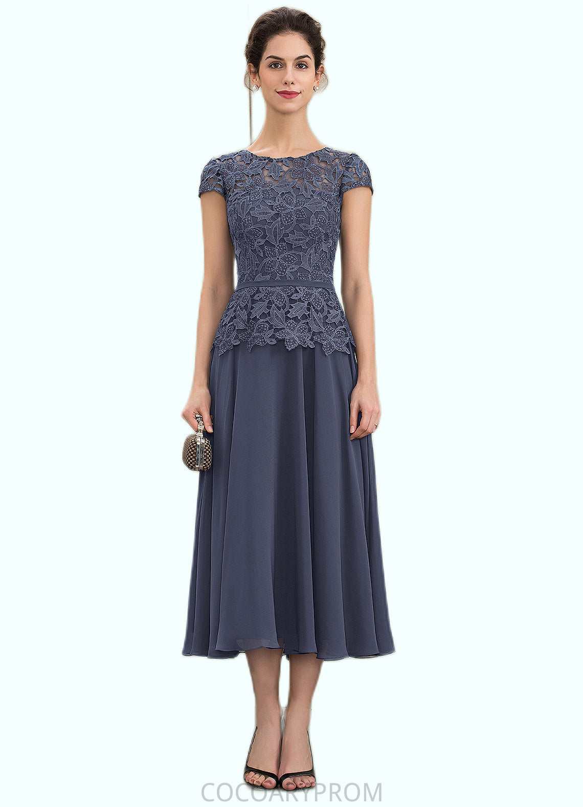 Yasmine A-Line Scoop Neck Tea-Length Chiffon Lace Mother of the Bride Dress DA8126P0014627