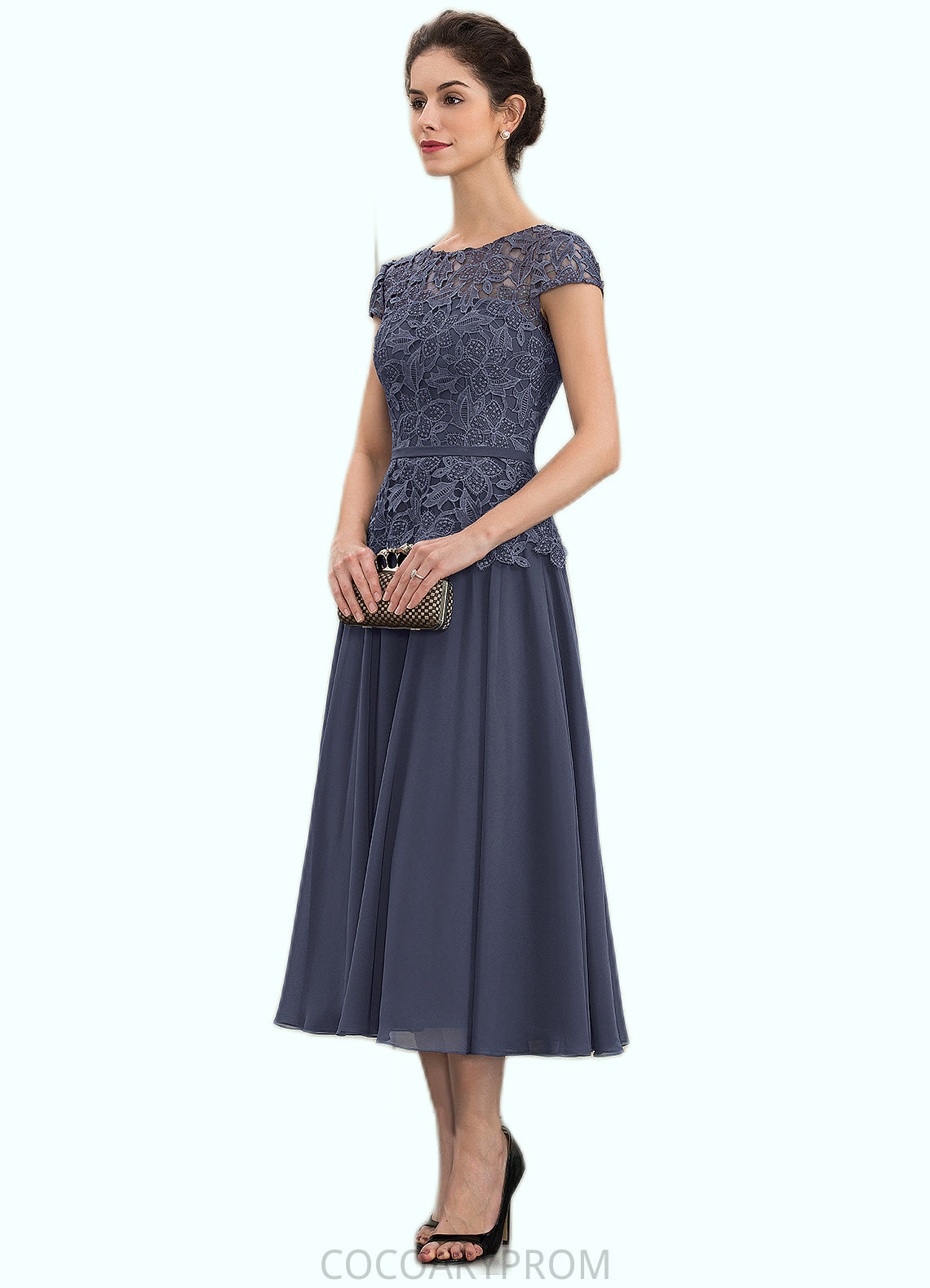 Yasmine A-Line Scoop Neck Tea-Length Chiffon Lace Mother of the Bride Dress DA8126P0014627