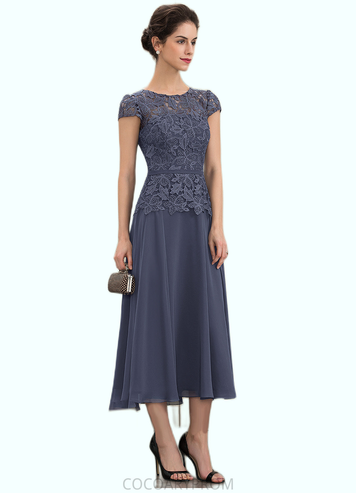 Yasmine A-Line Scoop Neck Tea-Length Chiffon Lace Mother of the Bride Dress DA8126P0014627