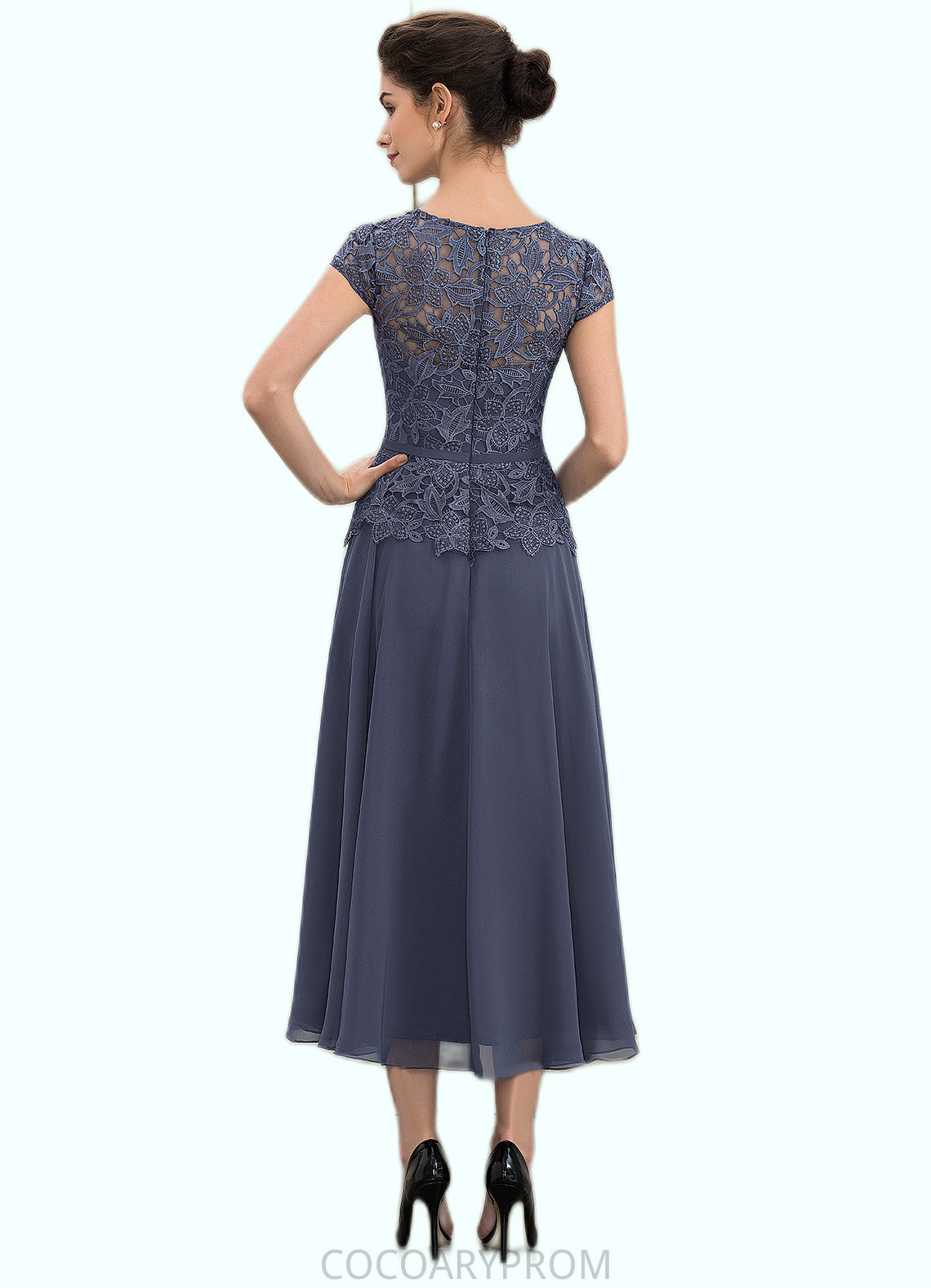 Yasmine A-Line Scoop Neck Tea-Length Chiffon Lace Mother of the Bride Dress DA8126P0014627