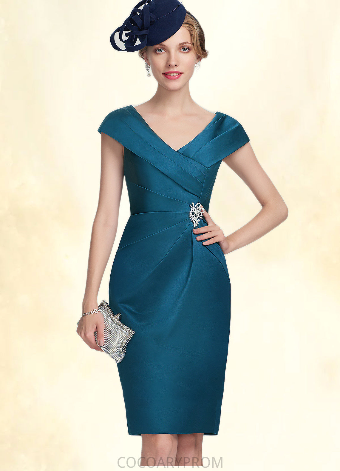 Paloma Sheath/Column V-neck Knee-Length Satin Mother of the Bride Dress With Ruffle Beading DA8126P0014631