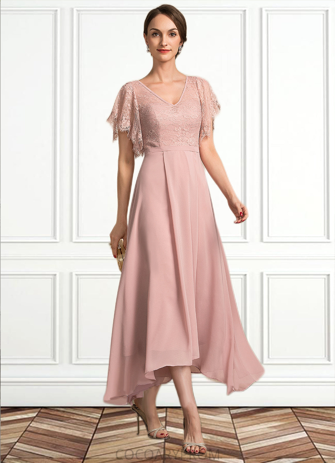 Hadassah A-line V-Neck Ankle-Length Chiffon Lace Mother of the Bride Dress DA8126P0014636