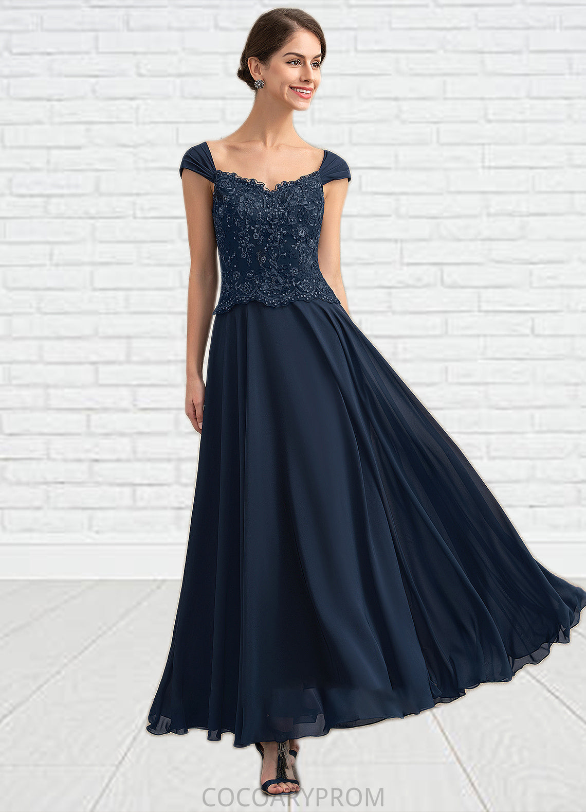 Payton A-line V-Neck Ankle-Length Chiffon Lace Mother of the Bride Dress With Sequins DA8126P0014637