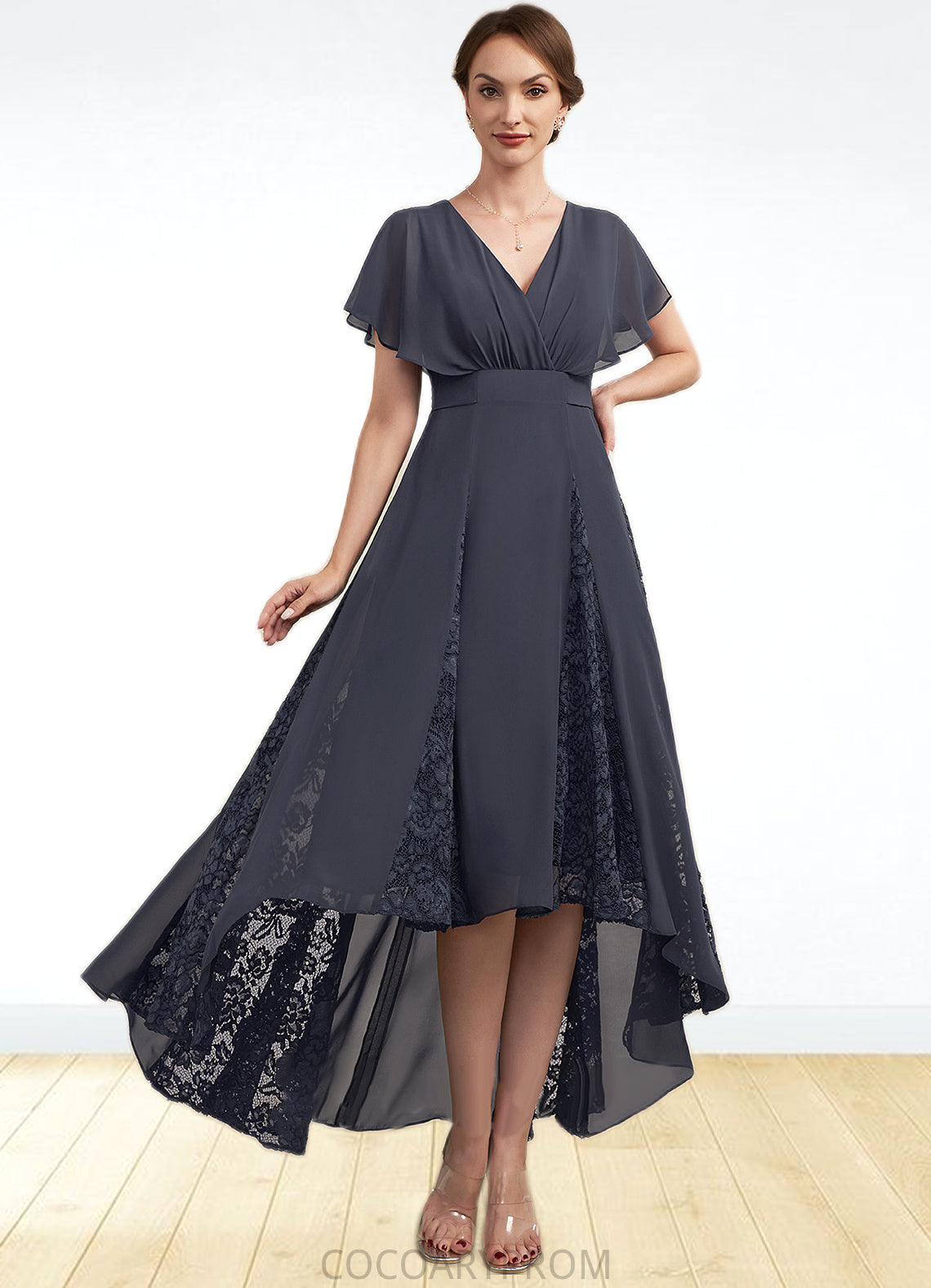 Mila A-Line V-neck Asymmetrical Chiffon Lace Mother of the Bride Dress With Ruffle DA8126P0014638