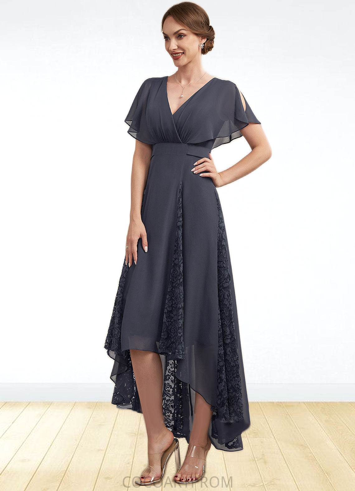 Mila A-Line V-neck Asymmetrical Chiffon Lace Mother of the Bride Dress With Ruffle DA8126P0014638