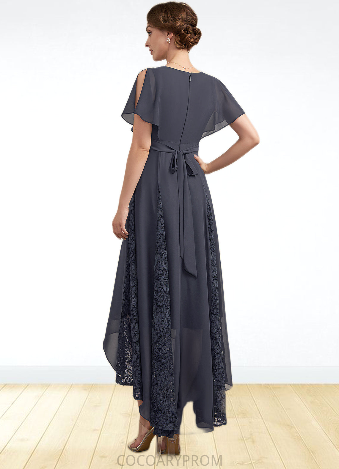 Mila A-Line V-neck Asymmetrical Chiffon Lace Mother of the Bride Dress With Ruffle DA8126P0014638