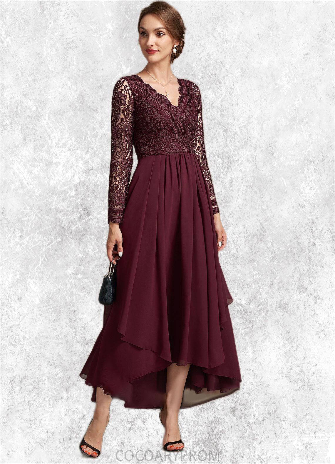 Joan A-line V-Neck Asymmetrical Chiffon Lace Mother of the Bride Dress DA8126P0014640