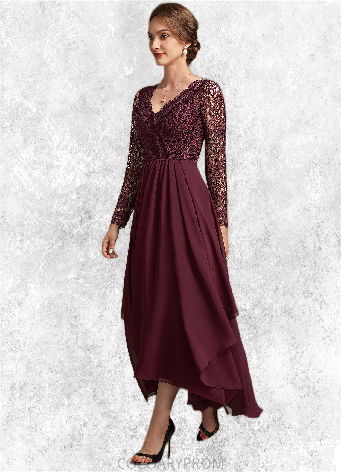 Joan A-line V-Neck Asymmetrical Chiffon Lace Mother of the Bride Dress DA8126P0014640