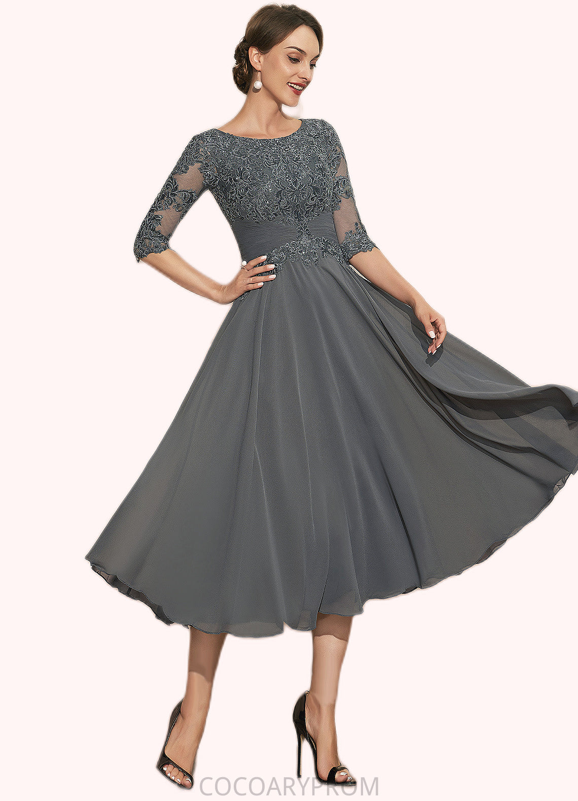 Sarai A-Line Scoop Neck Tea-Length Chiffon Lace Mother of the Bride Dress With Sequins DA8126P0014642