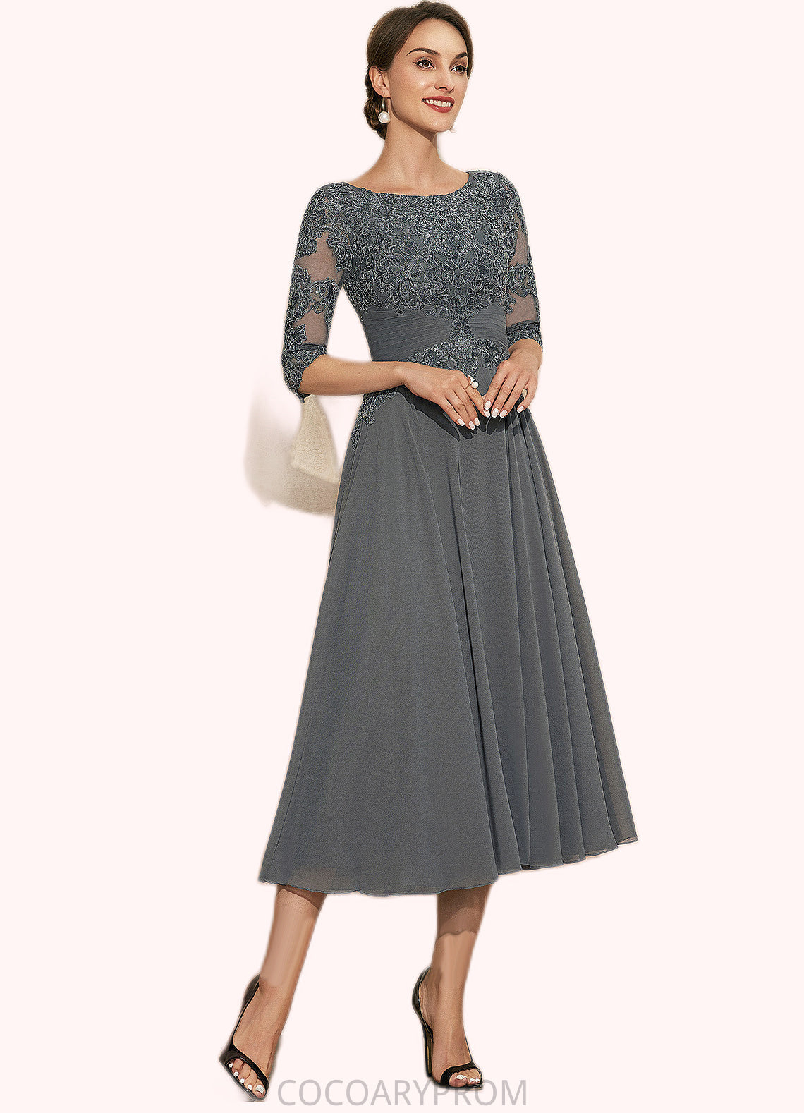 Sarai A-Line Scoop Neck Tea-Length Chiffon Lace Mother of the Bride Dress With Sequins DA8126P0014642