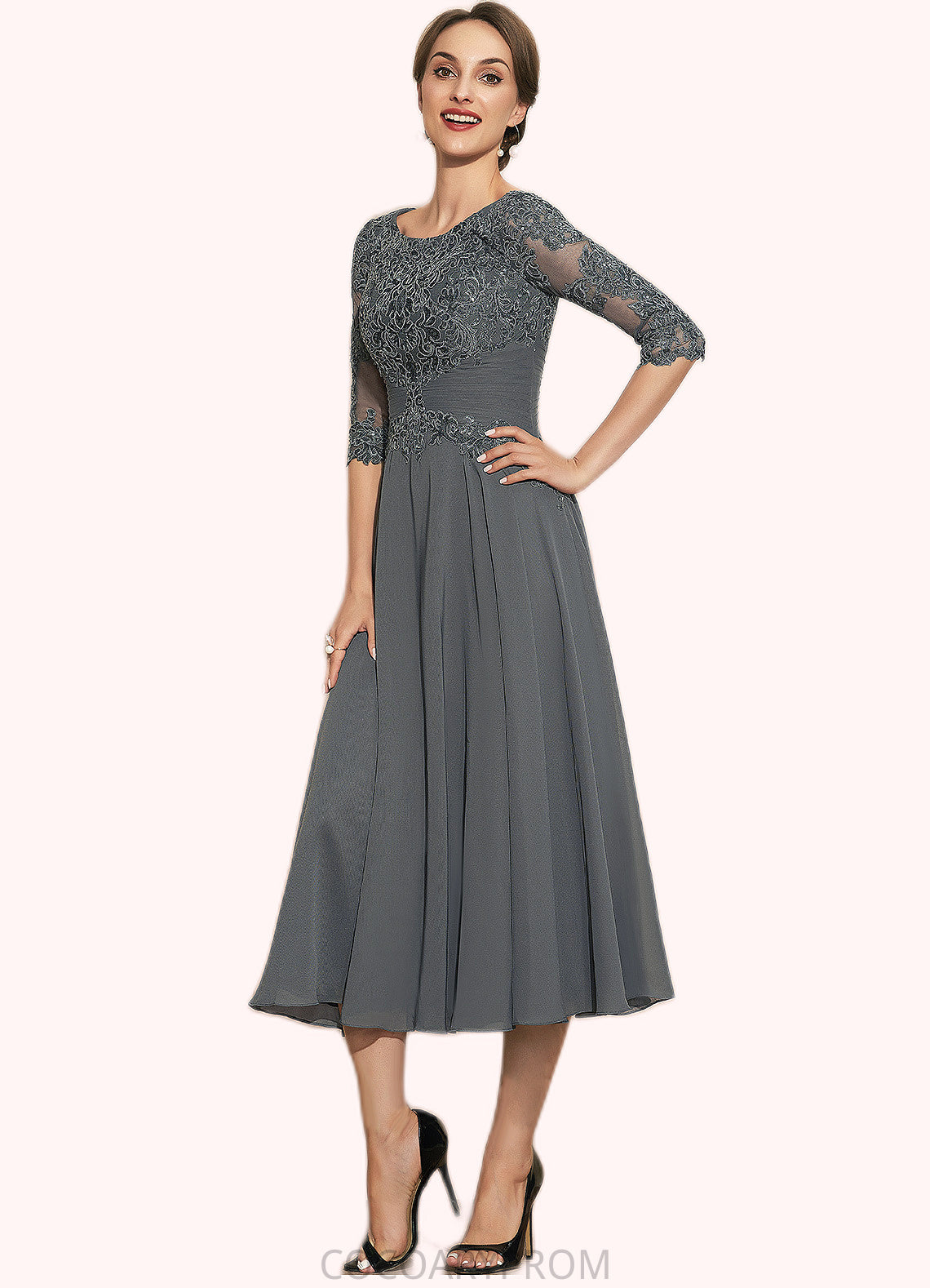 Sarai A-Line Scoop Neck Tea-Length Chiffon Lace Mother of the Bride Dress With Sequins DA8126P0014642