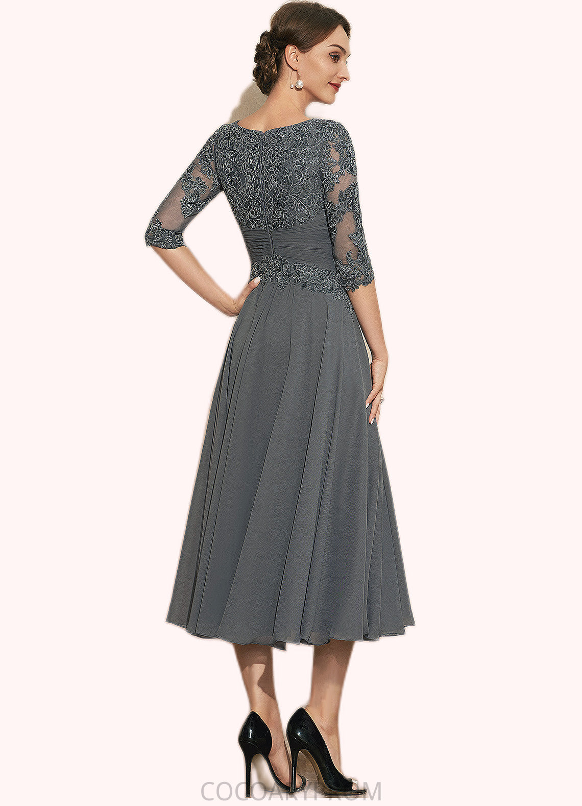 Sarai A-Line Scoop Neck Tea-Length Chiffon Lace Mother of the Bride Dress With Sequins DA8126P0014642