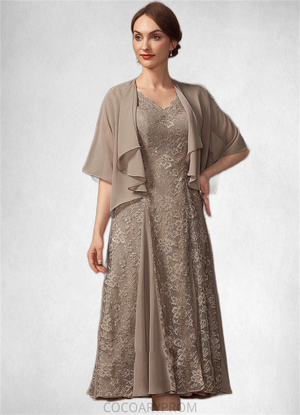 Marlene A-line V-Neck Tea-Length Chiffon Lace Mother of the Bride Dress DA8126P0014644