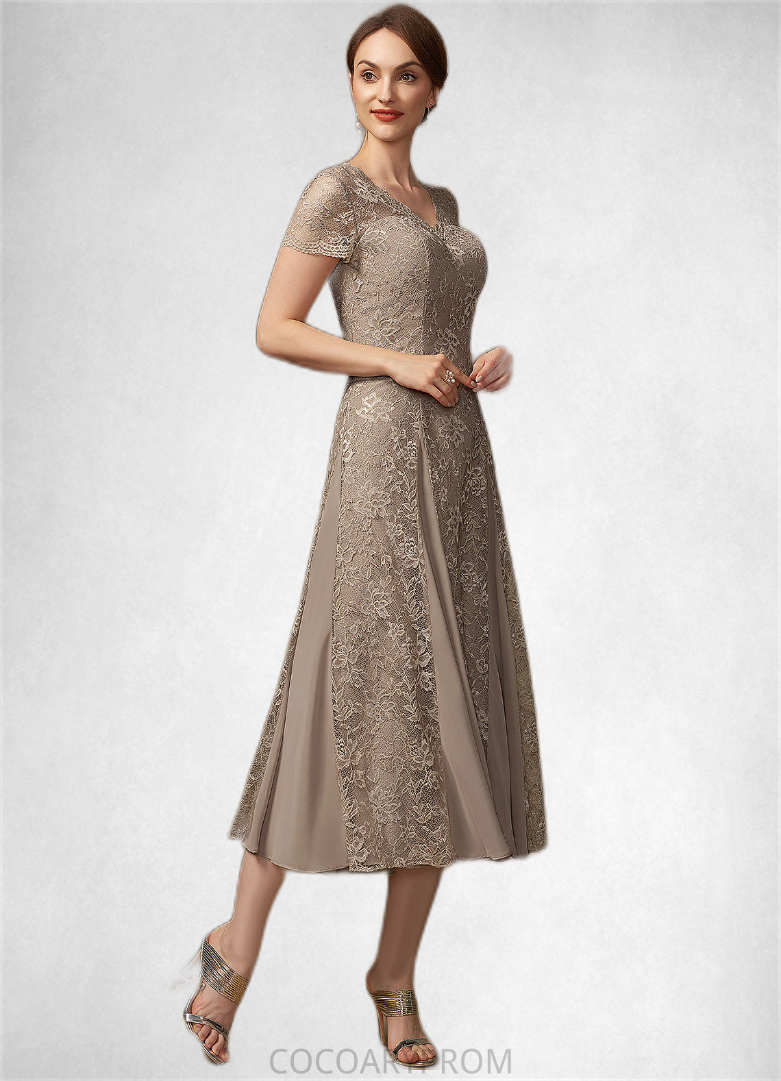 Marlene A-line V-Neck Tea-Length Chiffon Lace Mother of the Bride Dress DA8126P0014644