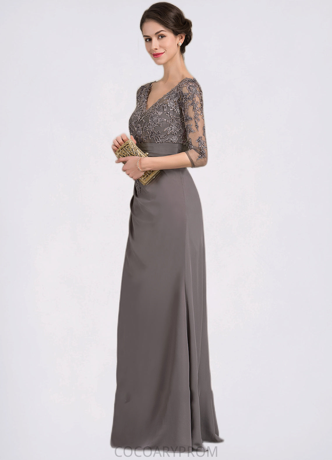 Mariana A-line V-Neck Floor-Length Chiffon Lace Mother of the Bride Dress With Cascading Ruffles DA8126P0014645