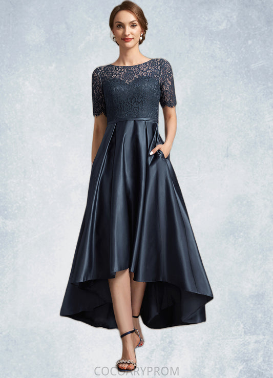 Sanaa A-Line Scoop Neck Asymmetrical Satin Lace Mother of the Bride Dress DA8126P0014647