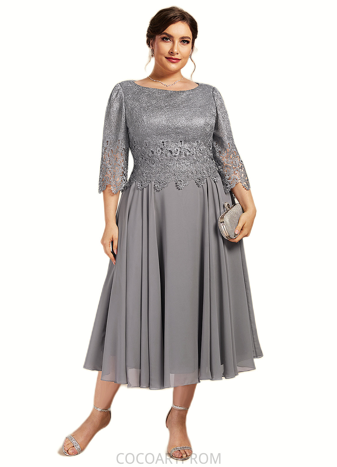 Janae A-Line Scoop Neck Tea-Length Chiffon Lace Mother of the Bride Dress DA8126P0014648