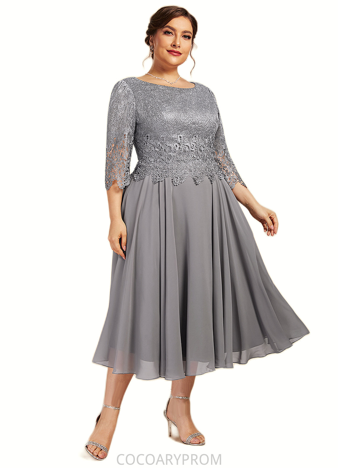 Janae A-Line Scoop Neck Tea-Length Chiffon Lace Mother of the Bride Dress DA8126P0014648