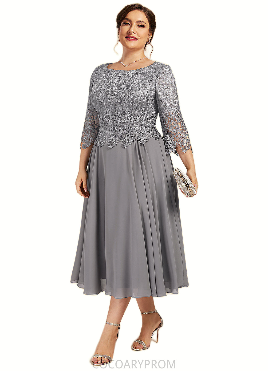 Janae A-Line Scoop Neck Tea-Length Chiffon Lace Mother of the Bride Dress DA8126P0014648