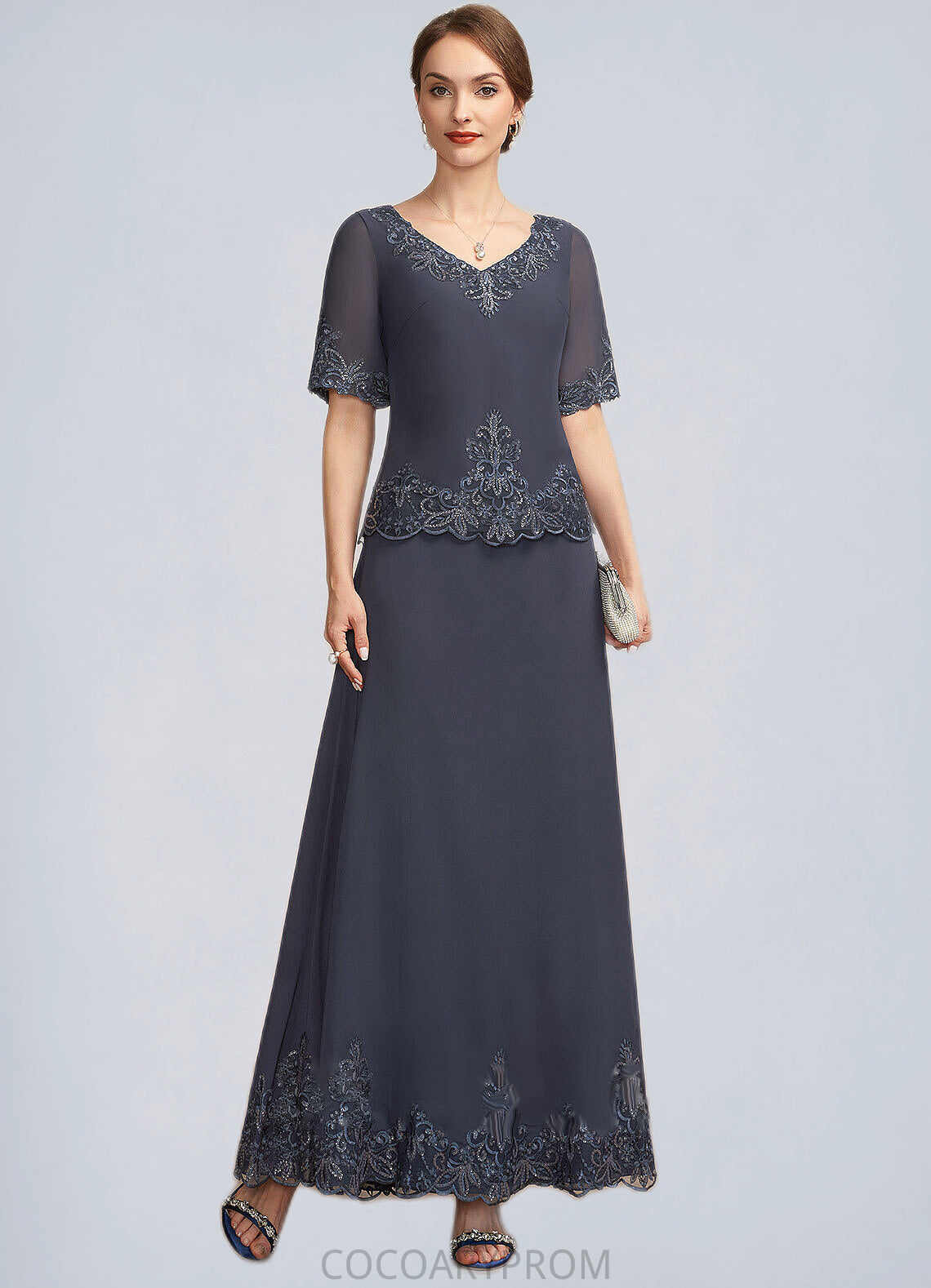 Ryan A-Line V-neck Ankle-Length Chiffon Lace Mother of the Bride Dress With Sequins DA8126P0014650