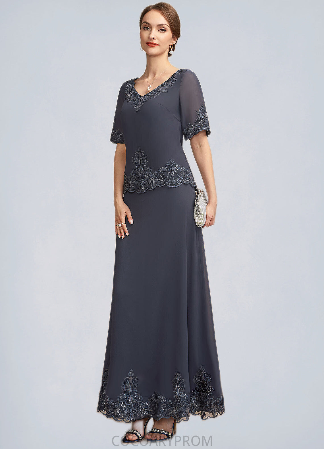 Ryan A-Line V-neck Ankle-Length Chiffon Lace Mother of the Bride Dress With Sequins DA8126P0014650