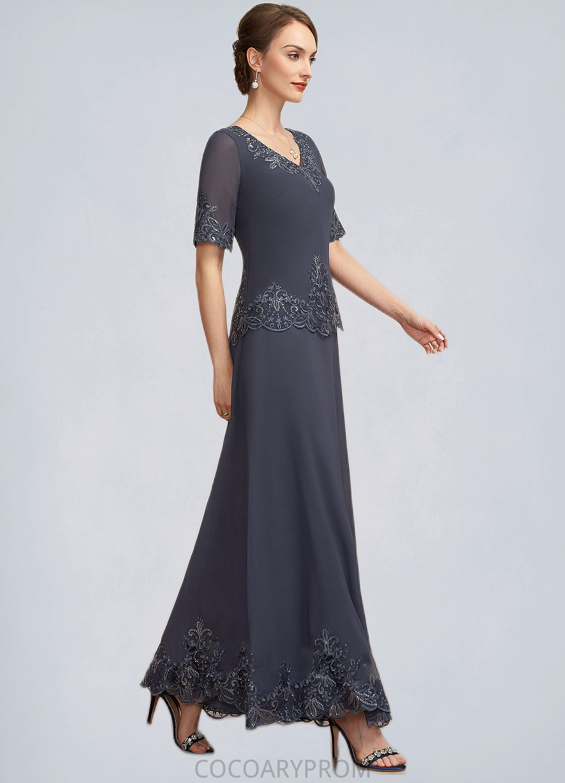 Ryan A-Line V-neck Ankle-Length Chiffon Lace Mother of the Bride Dress With Sequins DA8126P0014650