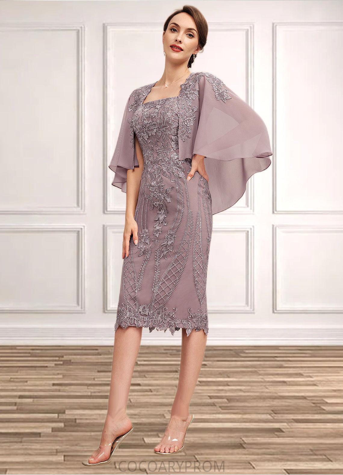 Kate Sheath/Column Square Neckline Knee-Length Chiffon Lace Mother of the Bride Dress With Sequins DA8126P0014653