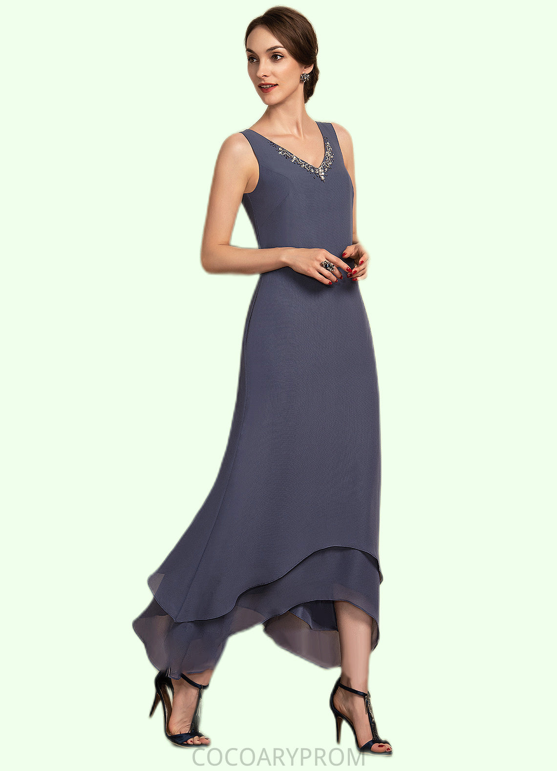 Kenzie A-line V-Neck Ankle-Length Chiffon Mother of the Bride Dress With Beading DA8126P0014655