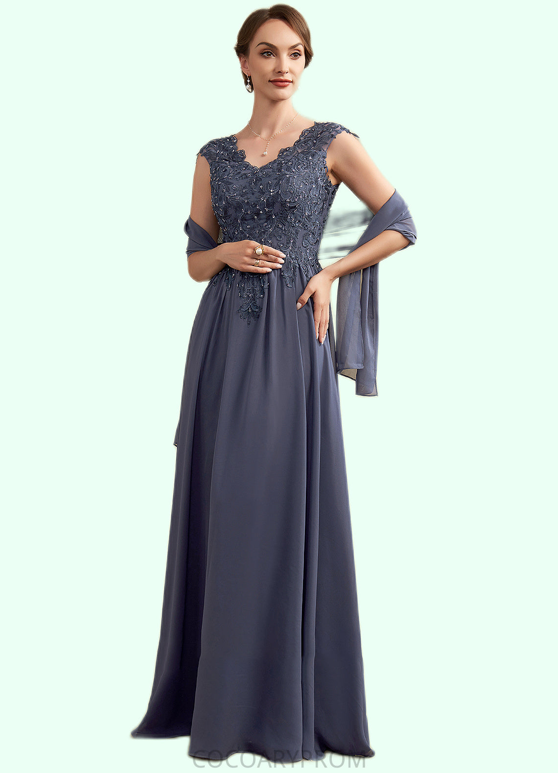 Miriam A-Line V-neck Floor-Length Chiffon Lace Mother of the Bride Dress With Beading Sequins DA8126P0014657