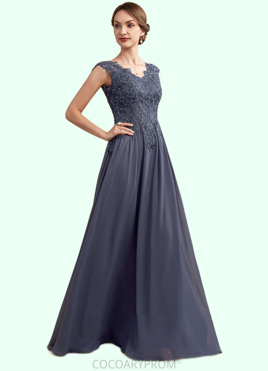 Miriam A-Line V-neck Floor-Length Chiffon Lace Mother of the Bride Dress With Beading Sequins DA8126P0014657