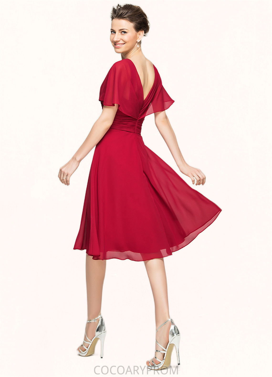 Lila A-Line V-neck Knee-Length Chiffon Mother of the Bride Dress With Ruffle DA8126P0014664